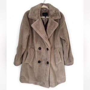 BCBGMAXAZRIA Faux Fur Coat Taupe Double Breasted Size M